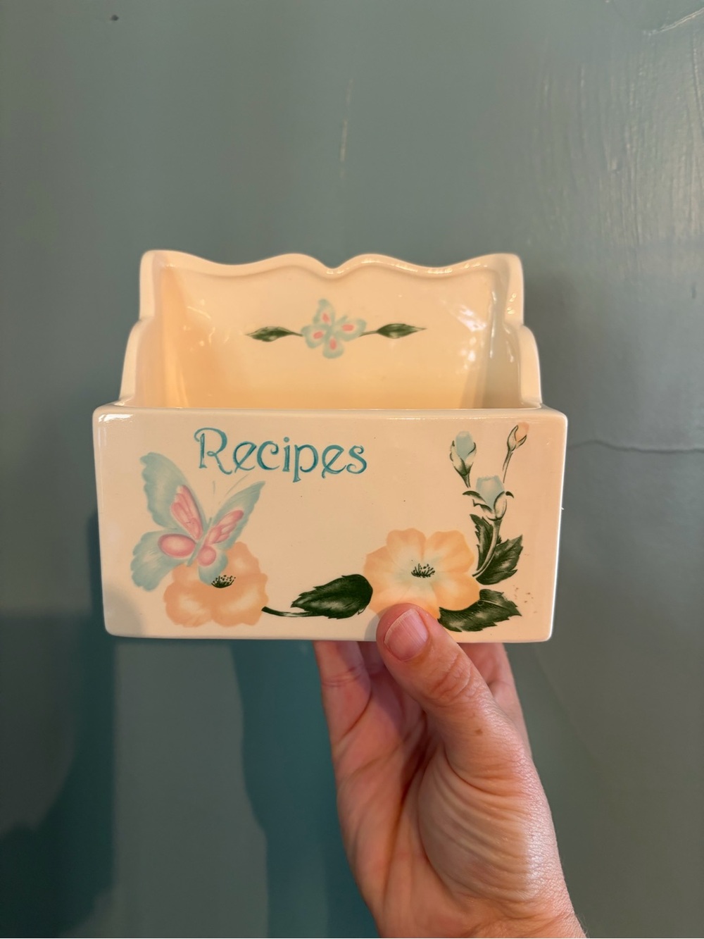 Vintage ceramic Recipes Card Holder Cream with Pastel Floral & Butterfly Design